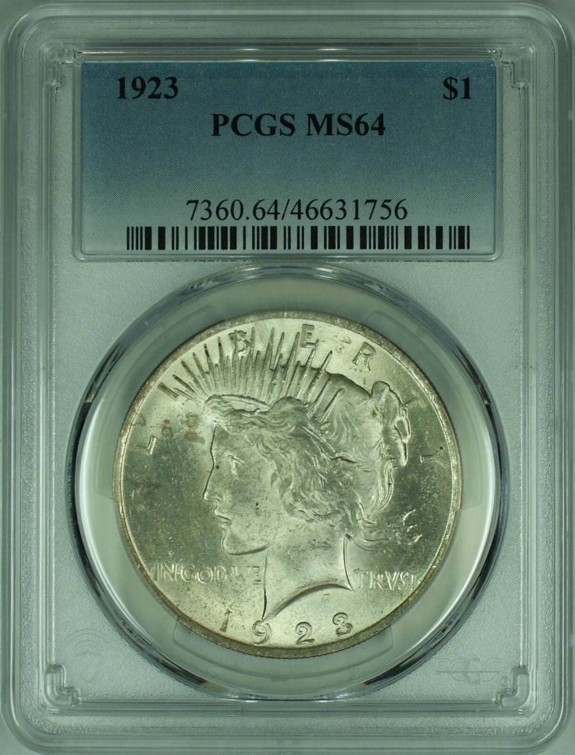 1923 Peace Dollar Silver Coin PCGS MS64 Philadelphia Mint: 1923 Peace Dollar Silver Coin PCGS MS64 Philadelphia Mint This is a 1923 Peace Silver Dollar with a denomination of $1. The coin is composed of 90% silver and has been graded MS 64 by PCGS. It origina
