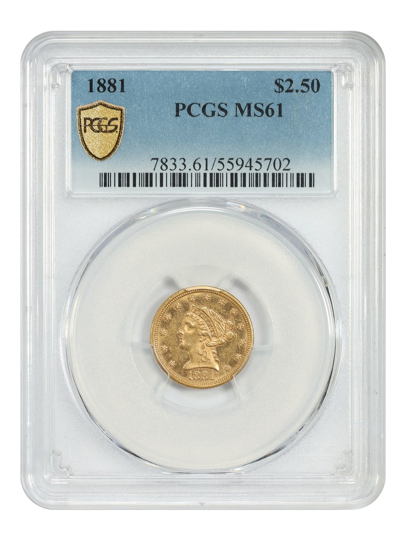 1881 Liberty Head Quarter Eagle Gold Coin PCGS MS61: 1881 Liberty Head Quarter Eagle Gold Coin PCGS MS61 This is an 1881 Liberty Head $2.50 Gold Quarter Eagle, certified by PCGS with a grade of MS61. This uncirculated coin was minted in Philadelphia and