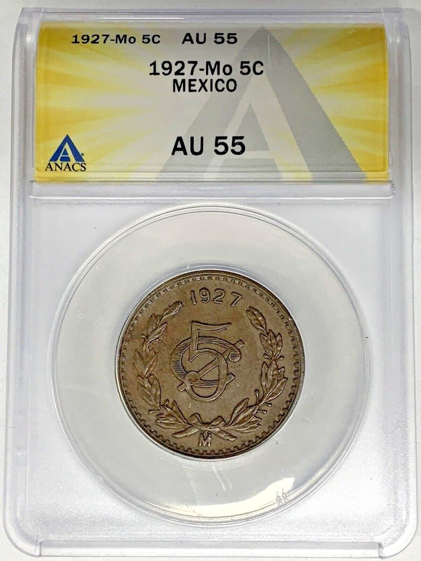 ANACS AU 55 1927-Mo Mexico Copper 5 Centavos Coin: ANACS AU 55 1927-Mo Mexico Copper 5 Centavos Coin This 1927-Mo Mexico 5 Centavos coin is composed of copper and graded AU 55 by ANACS. It originates from Mexico and belongs to the historical period of