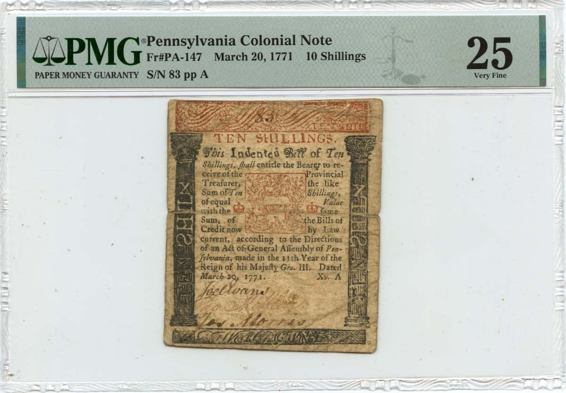 1771 Pennsylvania Colonial Note 10 Shillings FR#PA-147 PMG VF25: 1771 Pennsylvania Colonial Note 10 Shillings FR#PA-147 PMG VF25 This is a 1771 March 20, 10 Shillings Pennsylvania Colonial Note, cataloged as FR#PA-147. It is certified by PMG with a grade of VF25, i