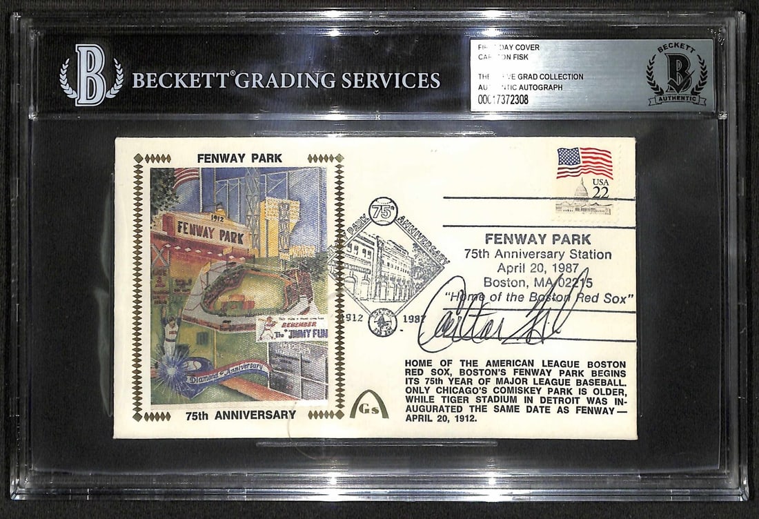 Carlton Fisk Signed FDC Beckett 1987 Fenway Park Anniversary: Carlton Fisk Signed FDC Beckett 1987 Fenway Park Anniversary Celebrate the legacy of baseball with this autographed First Day Cover (FDC) commemorating the 75th anniversary of Fenway Park. Signed in b