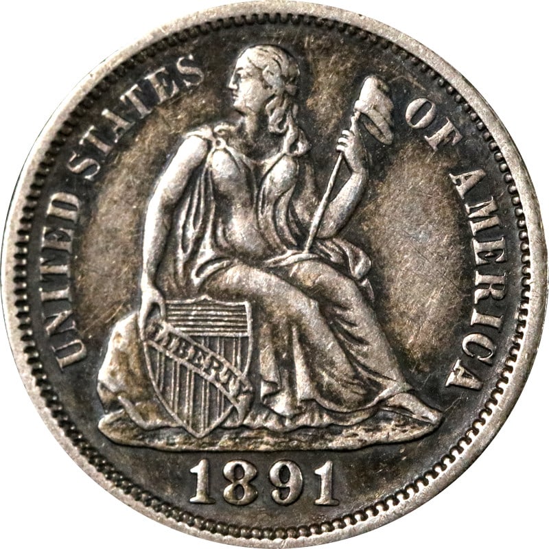 1891 Philadelphia Mint Silver Seated Liberty Dime United States Coin: 1891 Philadelphia Mint Silver Seated Liberty Dime United States Coin This is an 1891-P Seated Liberty Dime from the United States. The coin is composed of silver with a fineness of 0.9 and was minted 