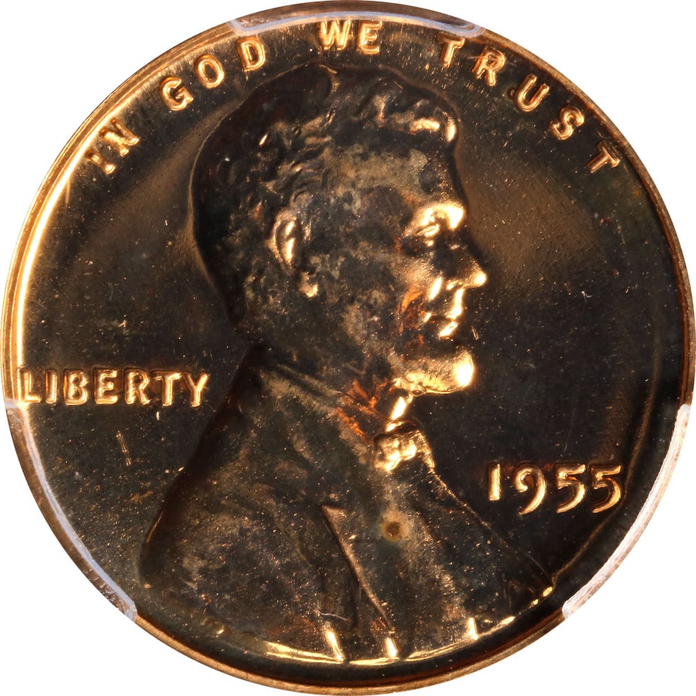 1955 Copper Lincoln Cent PR67 RD Graded by PCGS With Superb Luster: 1955 Copper Lincoln Cent PR67 RD Graded by PCGS With Superb Luster This 1955 Lincoln Cent is certified by PCGS with a grade of PR67 RD, indicating superb eye appeal, fantastic luster, and a strong str