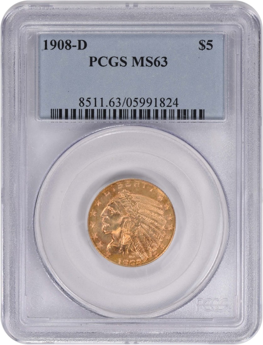 PCGS MS63 1908 Denver Mint Five Dollar Gold Indian Coin: PCGS MS63 1908 Denver Mint Five Dollar Gold Indian Coin This 1908-D $5 Gold Indian coin is certified MS63 by PCGS and originates from the Denver Mint. Designed by Bela Lyon Pratt, the coin is composed