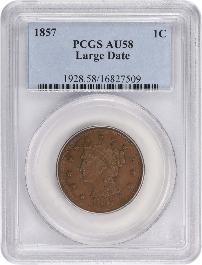 1857 Large Date Copper Large Cent AU58 PCGS Certified: 1857 Large Date Copper Large Cent AU58 PCGS Certified This 1857 Large Cent features a Large Date design, expertly graded AU58 by PCGS. Struck in copper, this coin showcases the iconic Braided Hair mot