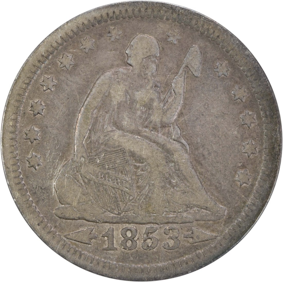 1853 Liberty Seated Silver Quarter VF Uncertified 90% Silver: 1853 Liberty Seated Silver Quarter VF Uncertified 90% Silver This 1853 Liberty Seated Silver Quarter features the Arrows and Rays design, showcasing a rich history and classic artistry. It is a circul