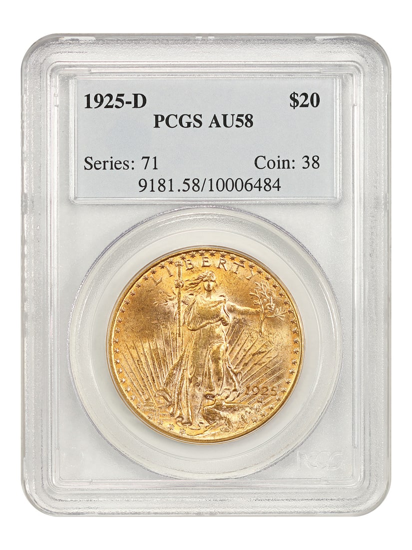 1925 Denver $20 Gold St Gaudens PCGS AU58 Scarce Collector Coin: 1925 Denver $20 Gold St Gaudens PCGS AU58 Scarce Collector Coin This 1925-D $20 Saint-Gaudens gold coin is certified by PCGS with a grade of AU58. Struck at the Denver Mint, this circulated example is