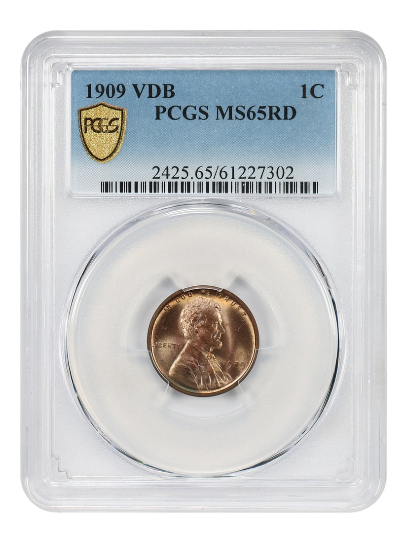 PCGS MS65RD 1909 VDB Lincoln Wheat Cent Uncirculated Philadelphia: PCGS MS65RD 1909 VDB Lincoln Wheat Cent Uncirculated Philadelphia This is a 1909 VDB Lincoln Cent (Wheat Reverse) graded MS65RD by PCGS. This popular first-year issue features the designer's initials 