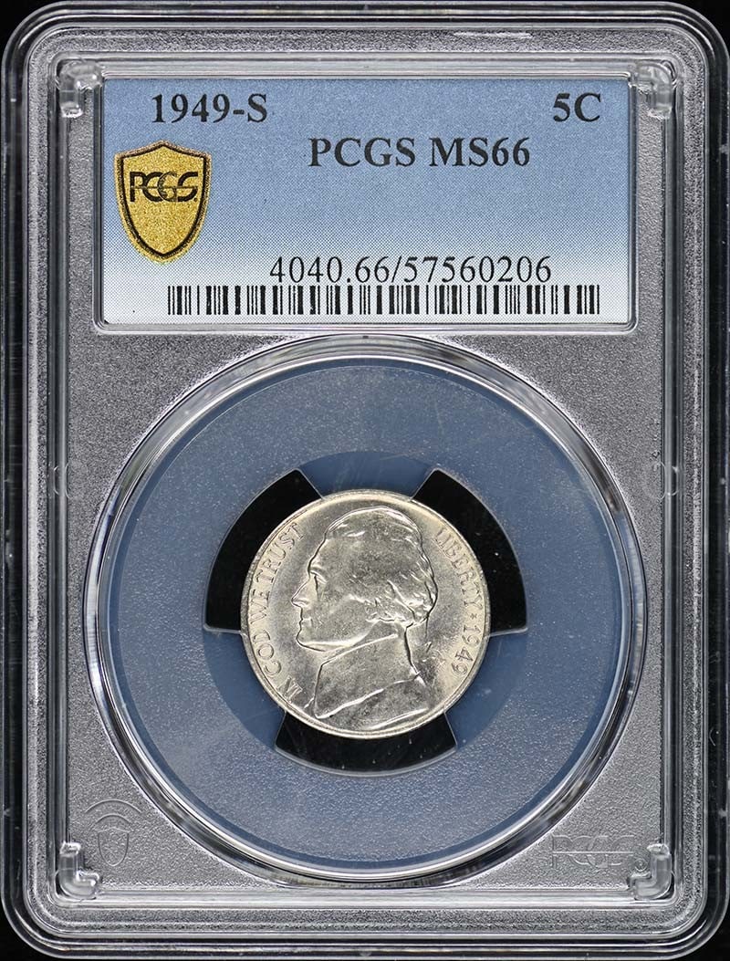 1949-S Jefferson Nickel PCGS MS66 Uncirculated: 1949-S Jefferson Nickel PCGS MS66 Uncirculated This 1949-S Jefferson Nickel is a remarkable example of numismatic excellence, certified by PCGS with a grade of MS66. As an uncirculated coin from the S