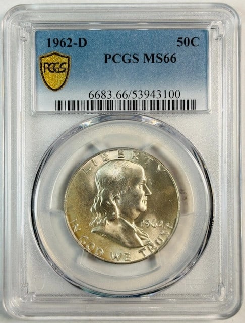 PCGS MS66 1962 Denver Silver Franklin Half Dollar Uncirculated: PCGS MS66 1962 Denver Silver Franklin Half Dollar Uncirculated This 1962 Franklin Half Dollar is certified by PCGS with a grade of MS-66. Struck at the Denver Mint, this uncirculated coin is composed 