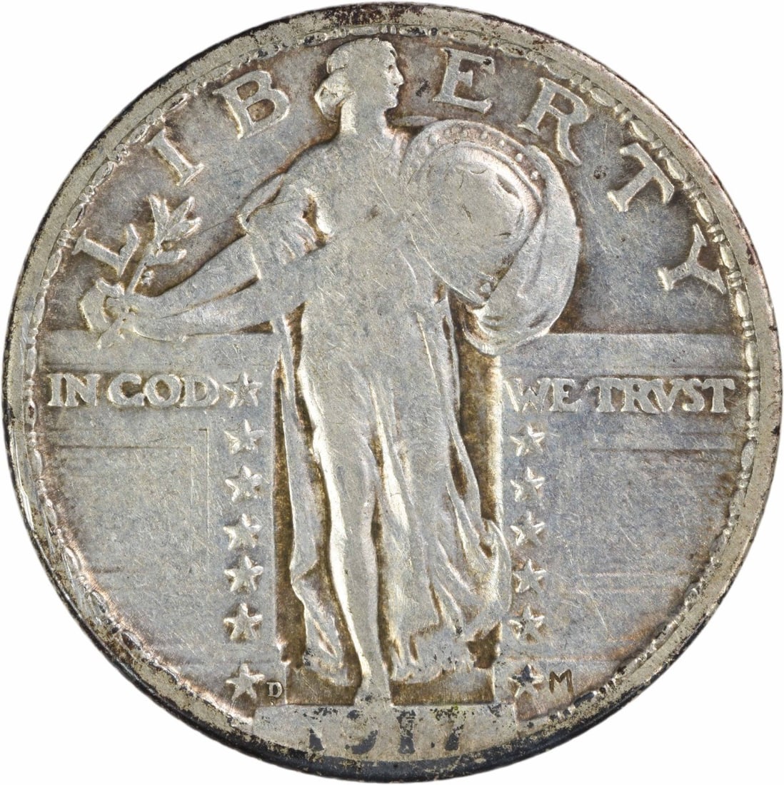 1917 Denver Standing Liberty Quarter VF Grade 90 Percent Silver Uncertified: 1917 Denver Standing Liberty Quarter VF Grade 90 Percent Silver Uncertified This 1917-D Standing Liberty Quarter is a circulated coin featuring the Type 2 design by Hermon A. MacNeil. Struck at the De