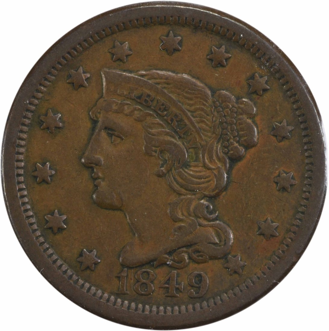 1849 Large Cent Braided Hair EF Copper Coin Uncertified: 1849 Large Cent Braided Hair EF Copper Coin Uncertified This 1849 Large Cent features the iconic Braided Hair design by Christian Gobrecht. Minted in Philadelphia, this coin has a denomination of one 