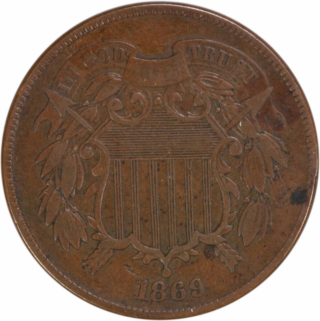 1869 Two Cent Piece VF Bronze Coin Circulated Uncertified: 1869 Two Cent Piece VF Bronze Coin Circulated Uncertified This 1869 Two Cent Piece is an excellent example of American numismatic history. The coin features a striking design by James Barton Longacre 