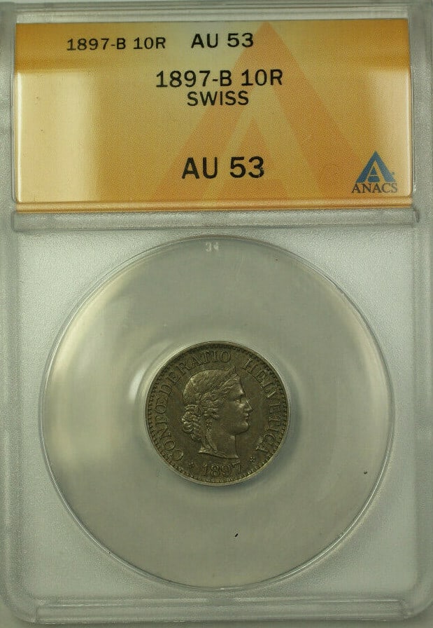 ANACS AU 53 Switzerland 10 Rappen Silver Coin 1897-B KM 27: ANACS AU 53 Switzerland 10 Rappen Silver Coin 1897-B KM 27 This 1897-B Switzerland 10 Rappen coin is composed of silver and has been certified by ANACS with a grade of AU 53. The coin is circulated an