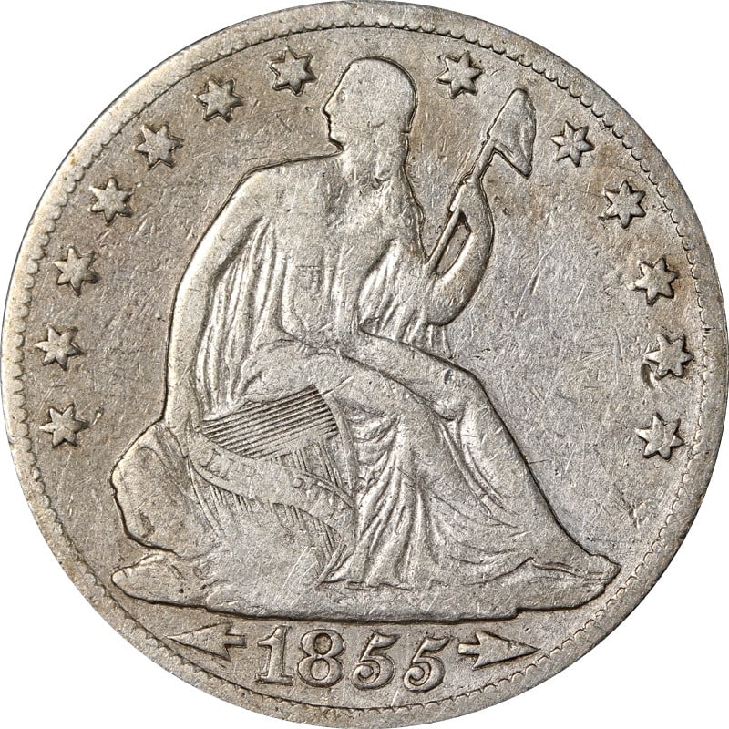 1855 New Orleans Mint Silver Seated Liberty Half Dollar Coin: 1855 New Orleans Mint Silver Seated Liberty Half Dollar Coin This is an 1855-O Seated Half Dollar coin from the United States. The coin is composed of 90% silver and was minted in New Orleans. It is a
