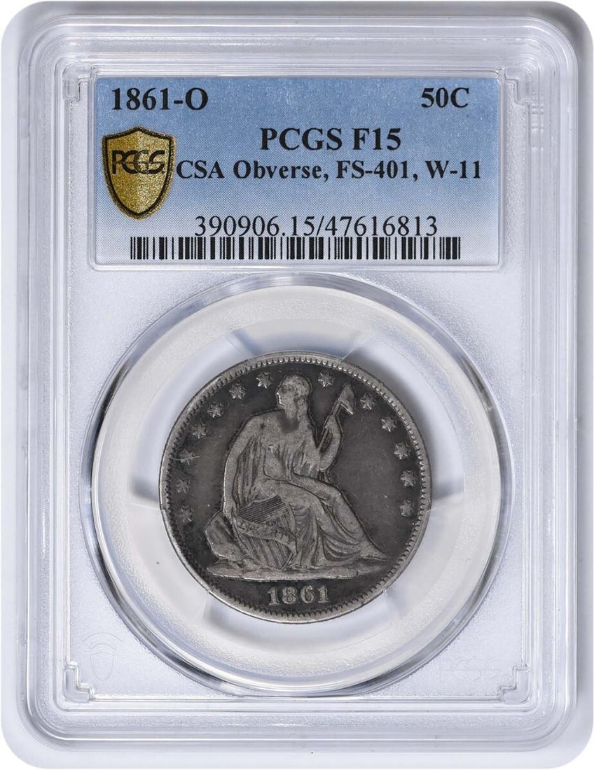 1861-O Liberty Seated Half Dollar CSA FS-401 Certified PCGS F15: 1861-O Liberty Seated Half Dollar CSA FS-401 Certified PCGS F15 This 1861-O Liberty Seated Half Dollar showcases the striking design of the renowned Seated Liberty coinage. Struck at the New Orleans M