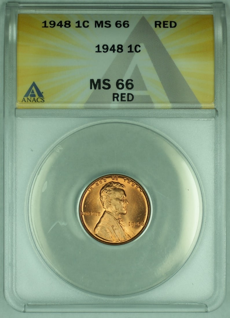 1948 Small Cent Lincoln Wheat MS 66 Red ANACS Certified Coin: 1948 Small Cent Lincoln Wheat MS 66 Red ANACS Certified Coin This is a 1948 Lincoln Wheat Cent 1C coin from the United States. The coin is uncirculated and has been graded MS 66 RD by ANACS. It featur