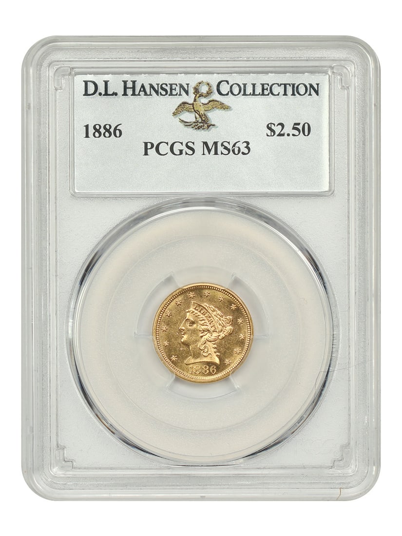 1886 Liberty Head $2.50 Gold Coin PCGS MS63 Low Mintage 4000: 1886 Liberty Head $2.50 Gold Coin PCGS MS63 Low Mintage 4000 This stunning 1886 $2.50 Liberty Head coin, graded MS63 by PCGS, showcases the beauty of low mintage with only 4000 coins struck. The uncir
