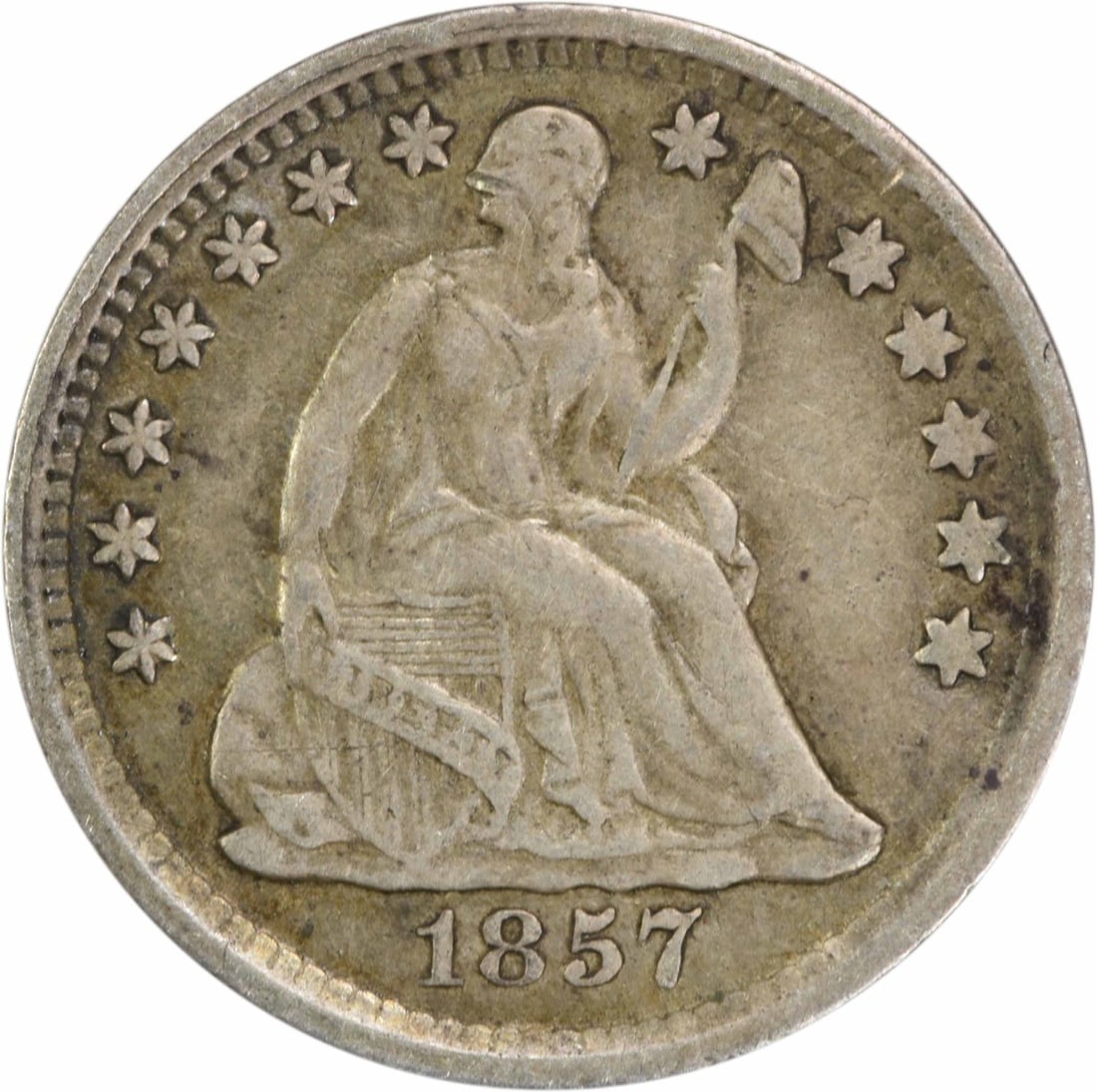 1857 Liberty Seated Half Dime 90% Silver EF Uncertified: 1857 Liberty Seated Half Dime 90% Silver EF Uncertified This 1857 Liberty Seated Silver Half Dime is a remarkable piece of American numismatic history. Struck in Philadelphia, this coin features a bea