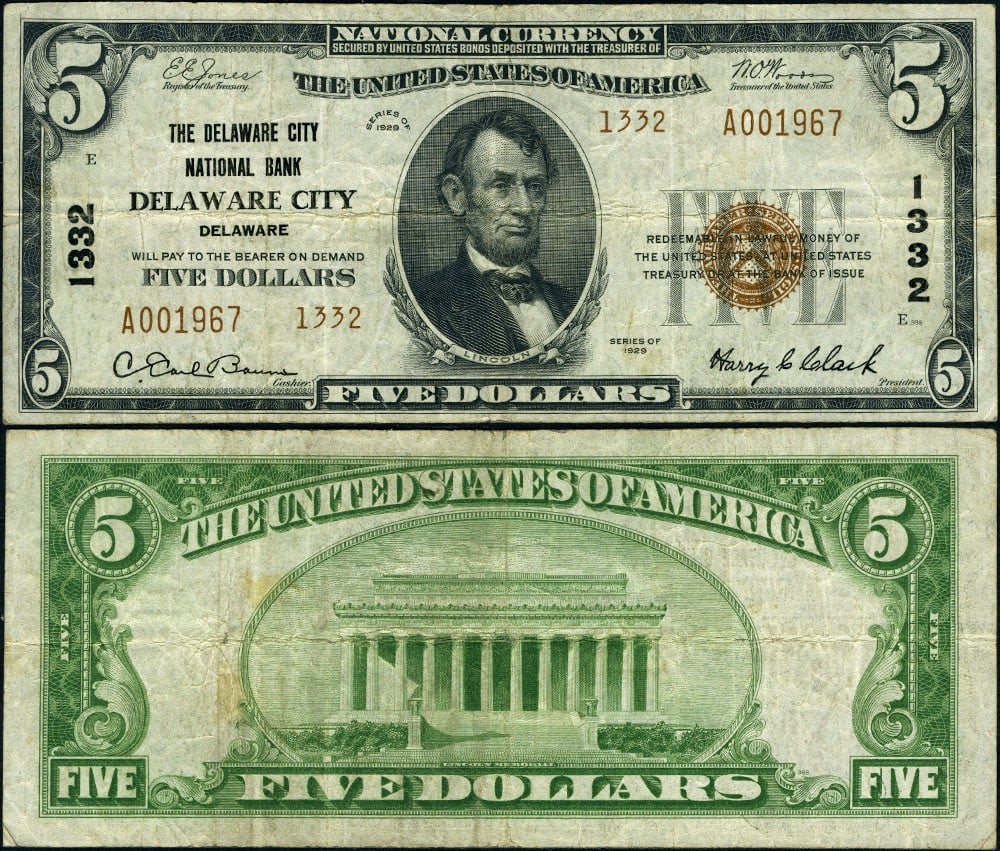 1929 T-2 $5 National Bank Note Delaware City Ch #1332: 1929 T-2 $5 National Bank Note Delaware City Ch #1332 This 1929 T-2 National Bank Note from Delaware City, DE, features a denomination of $5 and is classified as a mid-grade example. It is in Very Fin