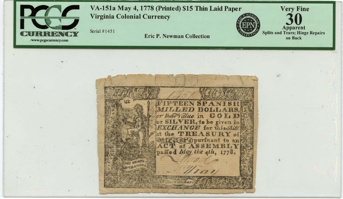 May 4 1778 Virginia $15 Colonial Currency PCGS VF30 FR VA-151a (1 of 2)