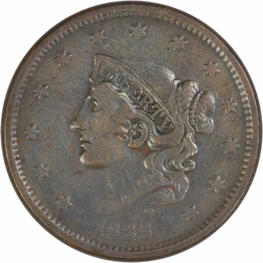 1838 Coronet Head Large Cent VF Grade Uncertified Philadelphia Mint: 1838 Coronet Head Large Cent VF Grade Uncertified Philadelphia Mint This 1838 Coronet Head Large Cent is a circulated coin from the Philadelphia Mint, graded VF (Very Fine). Designed by Gobrecht, it i