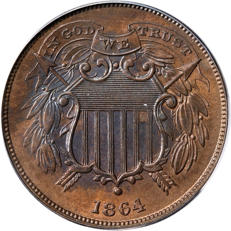 Small Motto 1864 Two Cent Copper Coin PCGS MS63 RB OGH Key Date: Small Motto 1864 Two Cent Copper Coin PCGS MS63 RB OGH Key Date This original 1864 Two Cent Piece features the Small Motto variety and is certified by PCGS as MS63 RB. The coin is composed of copper a