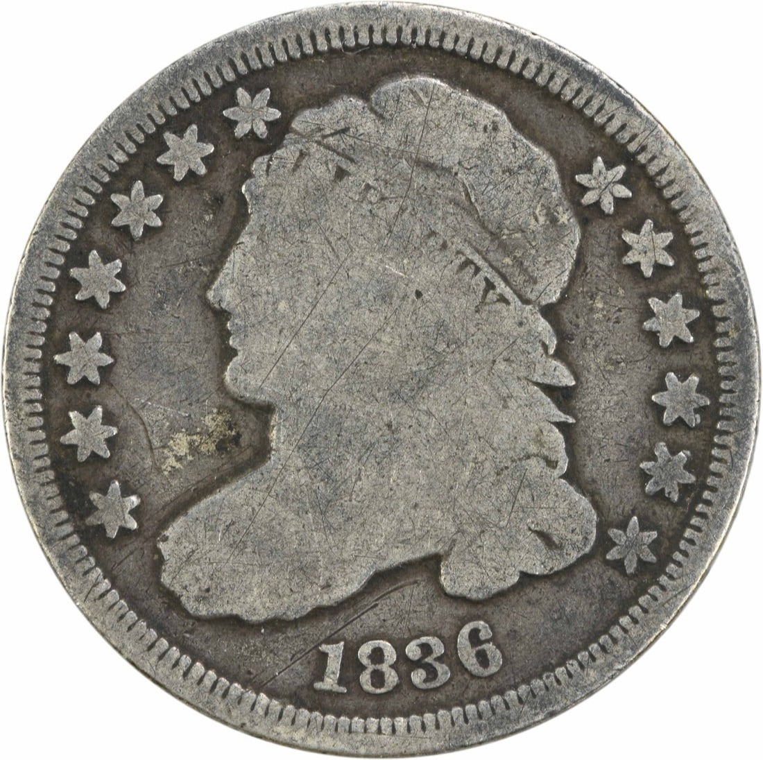 1836 Capped Bust Silver Dime 10C Uncertified VG Philadelphia: 1836 Capped Bust Silver Dime 10C Uncertified VG Philadelphia This 1836 Bust Silver Dime is a remarkable piece of American currency history. Struck in Philadelphia, this dime features the iconic Capped