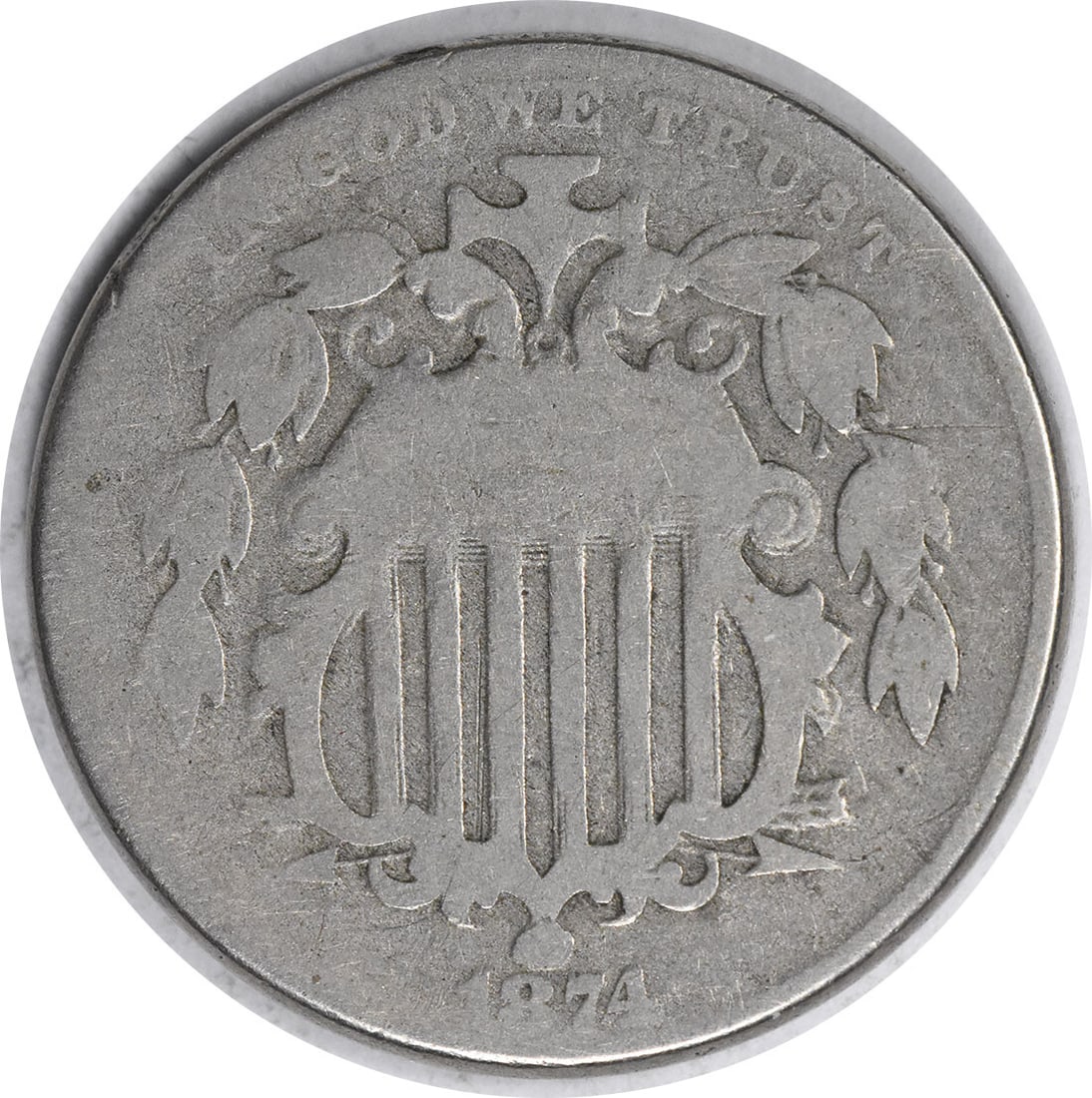 1874 Shield Nickel DDO FS-104 Uncertified Circulated Coin USA: 1874 Shield Nickel DDO FS-104 Uncertified Circulated Coin USA This 1874 Shield Nickel is a noteworthy coin from the United States, featuring the design of renowned engraver James Barton Longacre. It i