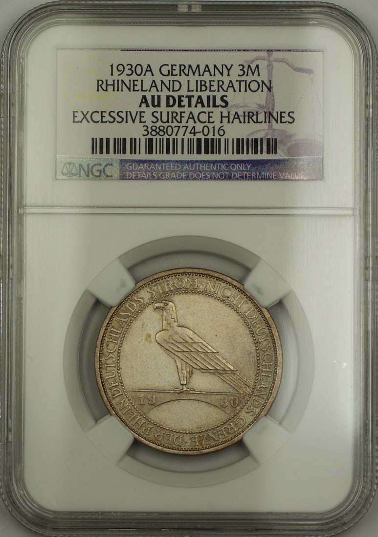 1930-A Three Mark Silver Germany Coin Rhineland Liberation NGC AU Details: 1930-A Three Mark Silver Germany Coin Rhineland Liberation NGC AU Details This 1930-A Germany Three Mark silver coin commemorates the Rhineland Liberation and has been certified by NGC with AU Details