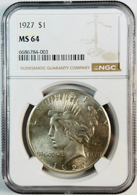 NGC Graded 1927 Silver Peace Dollar MS 64 Uncirculated US Coin: NGC Graded 1927 Silver Peace Dollar MS 64 Uncirculated US Coin This 1927 Peace Dollar is certified by NGC with a grade of MS 64, indicating it is in uncirculated condition. Struck in silver, this coll