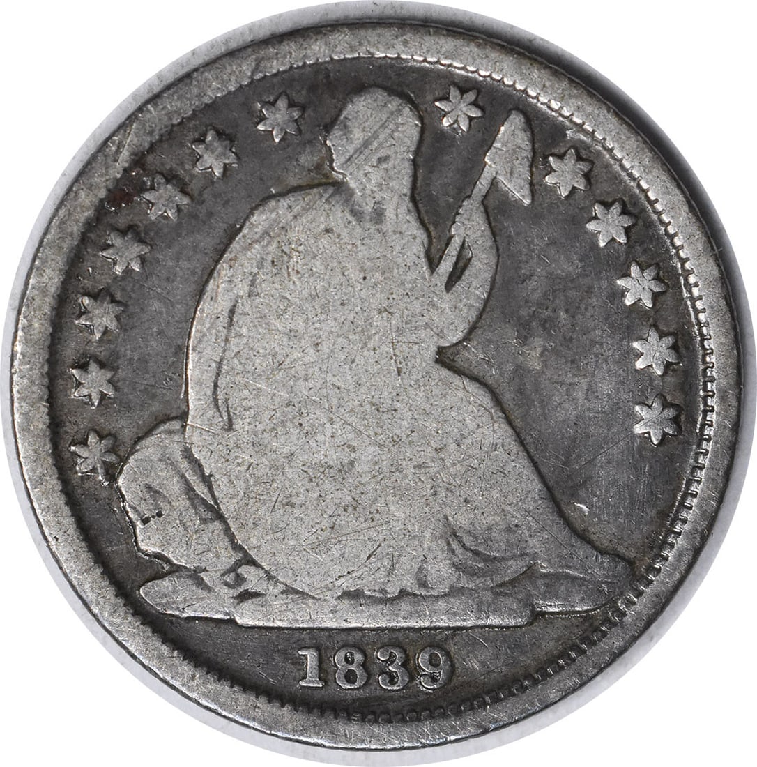1839-O Liberty Seated Silver Dime 90% Silver Gobrecht Design Uncertified: 1839-O Liberty Seated Silver Dime 90% Silver Gobrecht Design Uncertified This 1839-O Liberty Seated Silver Dime is a notable collectible from the United States. Featuring a design by Christian Gobrech