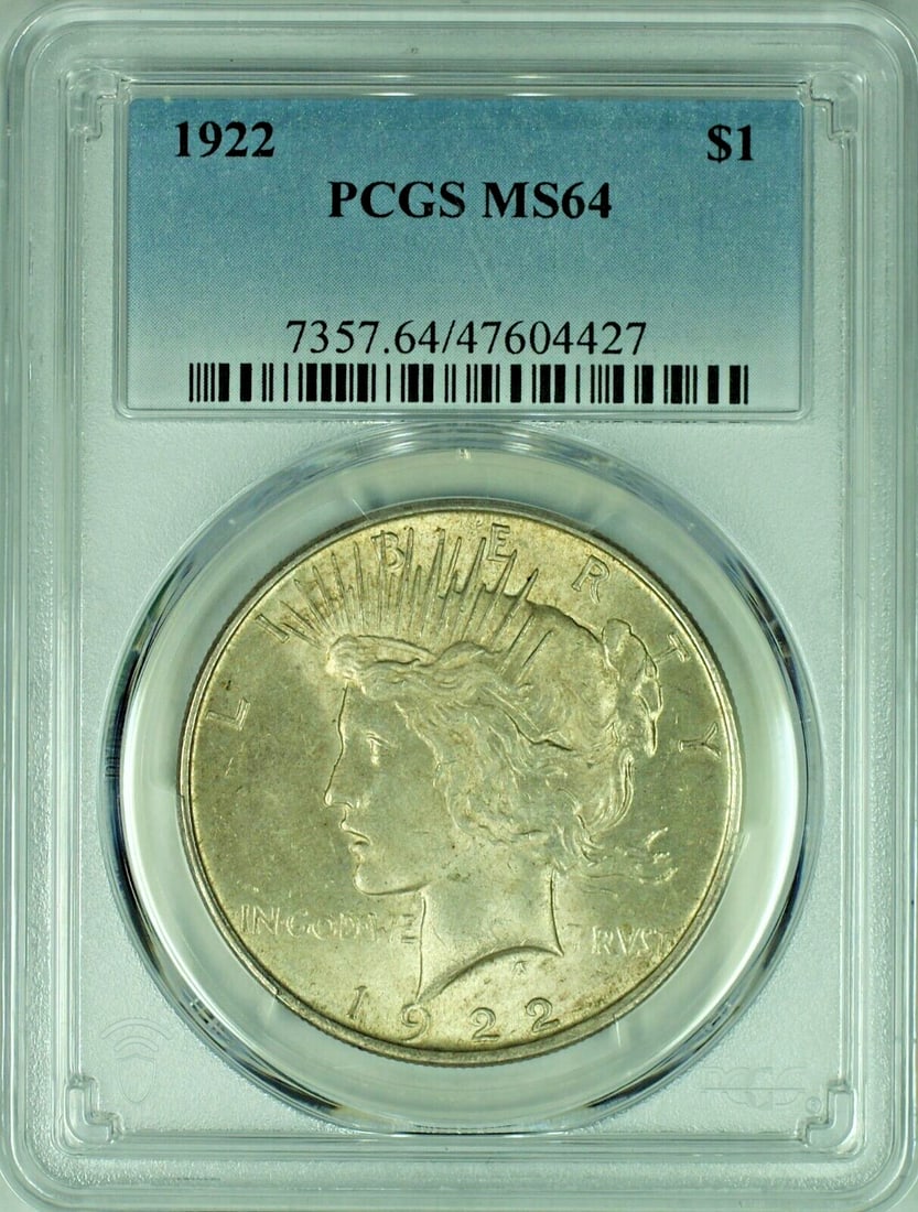 PCGS MS 64 1922 Peace Dollar Silver $1 Coin With Toning: PCGS MS 64 1922 Peace Dollar Silver $1 Coin With Toning This is a 1922 Peace Silver Dollar $1 coin from the United States, featuring a toned finish. The coin is composed of silver and is graded MS 64 