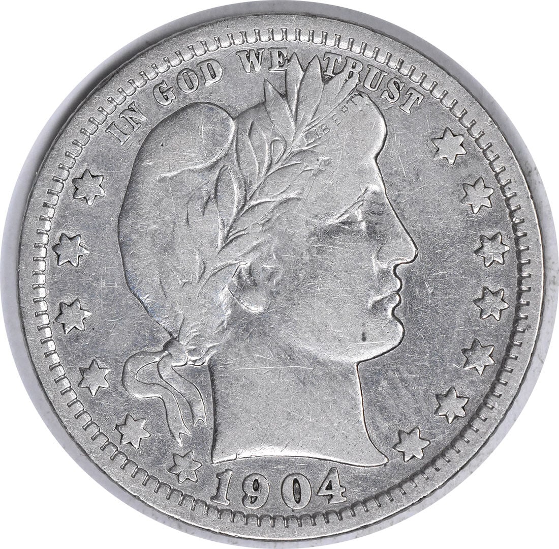 1904-O Barber Quarter Coin 90% Silver New Orleans Mint F Grade: 1904-O Barber Quarter Coin 90% Silver New Orleans Mint F Grade This 1904-O Barber Silver Quarter is an intriguing piece of numismatic history. Struck at the New Orleans Mint, this coin features the ic