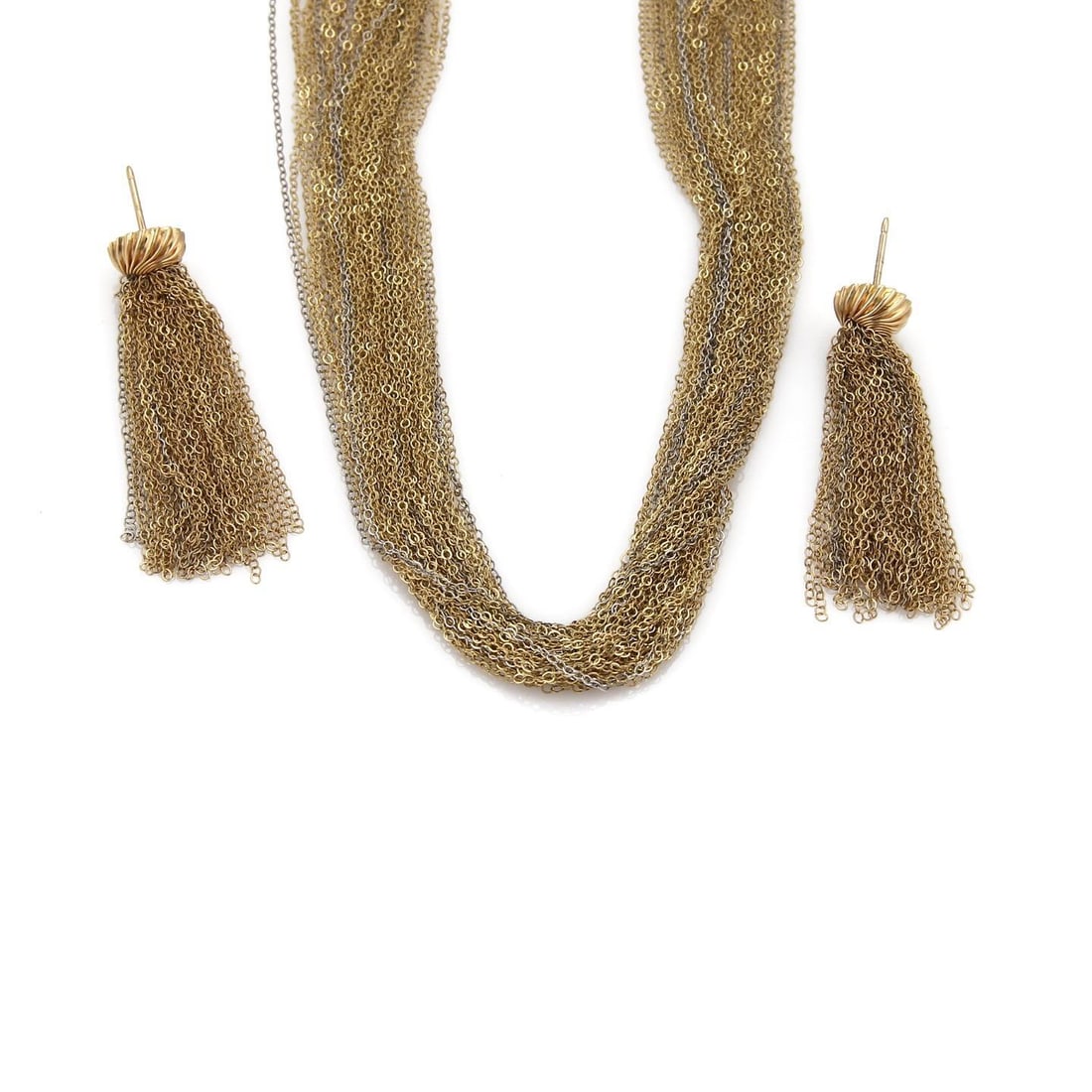 Elegant 14k Two Tone Retro Multi Strand Necklace and Earring Set: Elegant 14k Two Tone Retro Multi Strand Necklace and Earring Set Elevate your style with this exquisite Classic 14k Two Tone Multi Strand Chain Necklace and Dangling Earring Set. This stunning jewelry