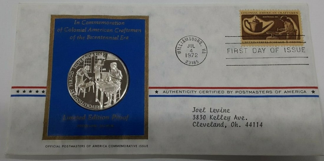 Sterling Silver 1972 Colonial Silversmiths Commemorative Medal by Franklin Mint: Sterling Silver 1972 Colonial Silversmiths Commemorative Medal by Franklin Mint This 1972 Postmasters of America commemorative medal honors Colonial American silversmiths and was issued as part of a F