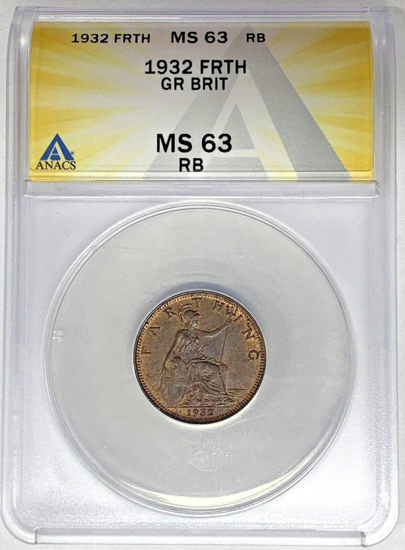 1932 United Kingdom Farthing 1/4p ANACS MS 63 Red Brown Certified Coin: 1932 United Kingdom Farthing 1/4p ANACS MS 63 Red Brown Certified Coin This is a 1932 Great Britain Farthing coin, certified by ANACS with a grade of MS 63 RB. The coin has a reddish-brown color and i