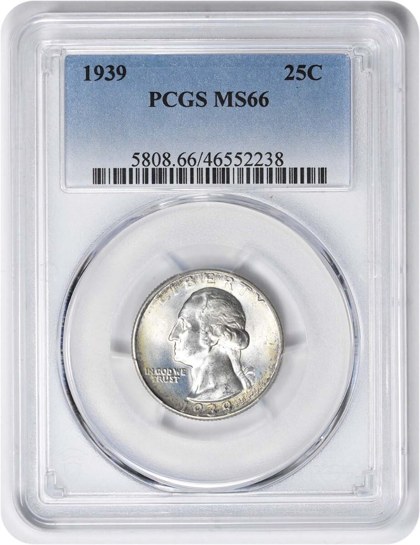 1939 Washington Silver Quarter MS66 PCGS Uncirculated 90% Silver: 1939 Washington Silver Quarter MS66 PCGS Uncirculated 90% Silver This 1939 Washington Silver Quarter is a remarkable example of numismatic craftsmanship, certified by PCGS with a grade of MS66. Struck