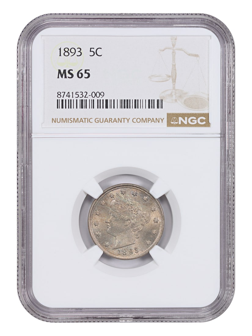 NGC MS65 1893 Liberty Nickel Five Cent Coin Uncirculated: NGC MS65 1893 Liberty Nickel Five Cent Coin Uncirculated This 1893 Liberty Nickel is graded MS65 and certified by NGC. The coin is uncirculated and originates from the Philadelphia Mint. It belongs to
