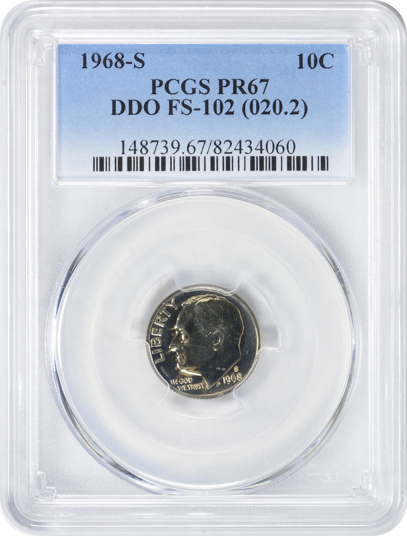 1968-S Roosevelt Dime DDO FS-102 PR67 Certified by PCGS: 1968-S Roosevelt Dime DDO FS-102 PR67 Certified by PCGS This 1968-S Roosevelt Dime is a stunning proof coin graded PR67 by PCGS, ensuring its high quality and appeal to collectors. Struck at the San F