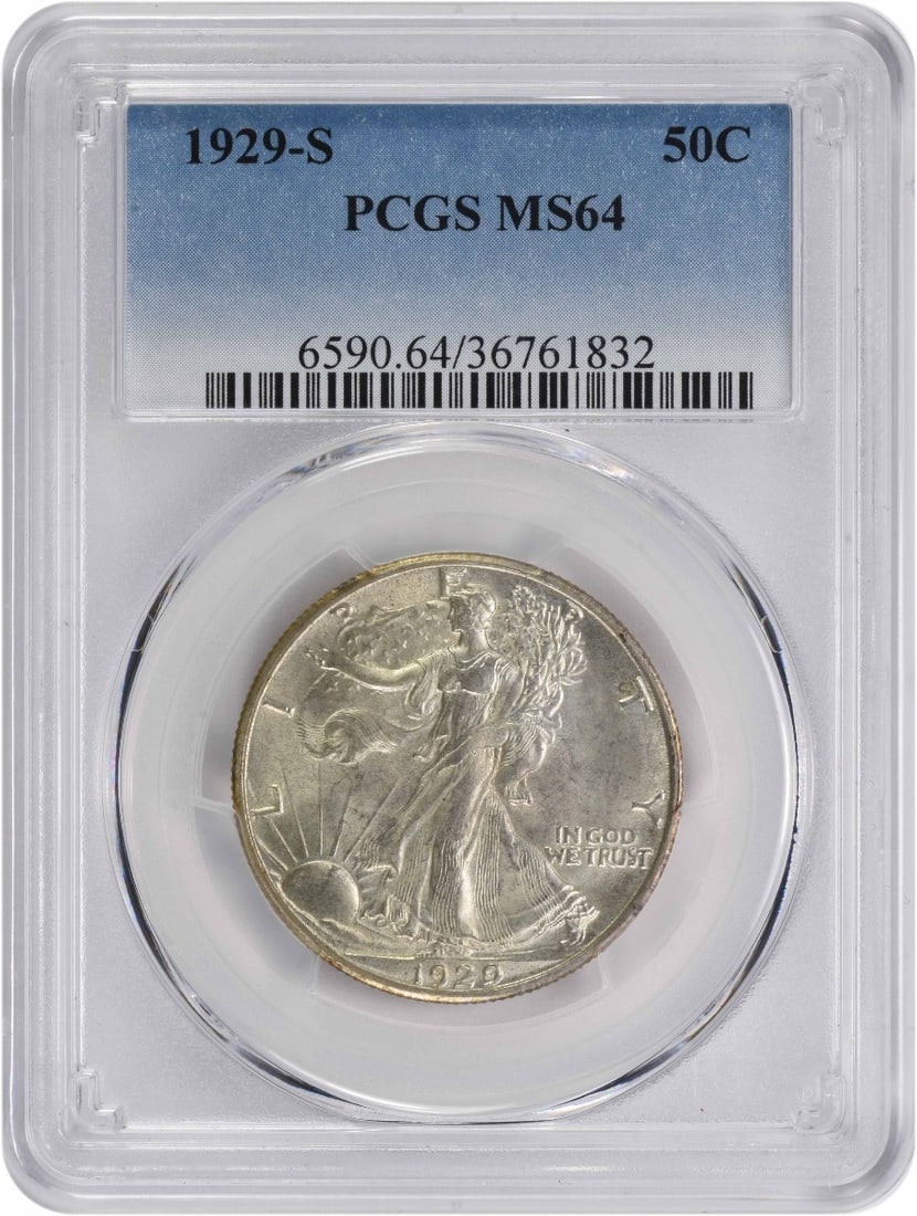 1929-S Walking Liberty Half Dollar MS64 PCGS Uncirculated Silver Coin: 1929-S Walking Liberty Half Dollar MS64 PCGS Uncirculated Silver Coin This 1929-S Walking Liberty Half Dollar, certified by PCGS with a grade of MS64, is a stunning example of American coinage. Featur