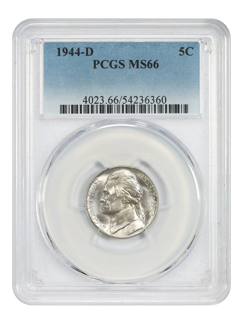 PCGS Graded MS66 1944-D Jefferson Five Cent Coin: PCGS Graded MS66 1944-D Jefferson Five Cent Coin This 1944-D Jefferson Nickel is graded MS66 by PCGS and originates from the Denver Mint. It is an uncirculated coin and features a denomination of 5 ce