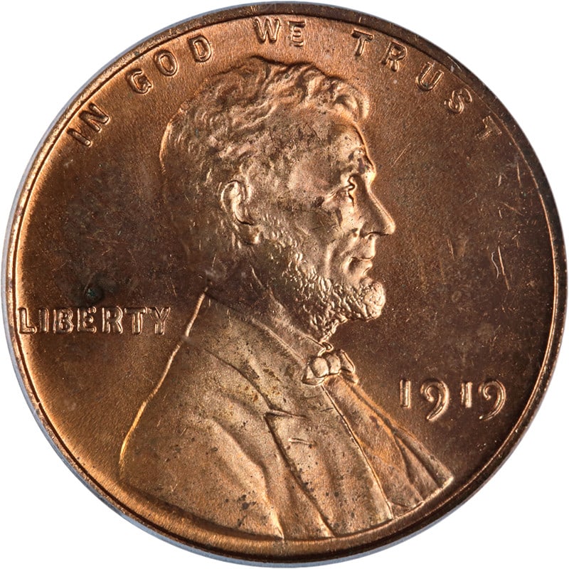 ICG MS65 RD 1919 Philadelphia Lincoln Cent Full Red Copper Coin: ICG MS65 RD 1919 Philadelphia Lincoln Cent Full Red Copper Coin This original 1919-P Lincoln Cent is certified by ICG with a grade of MS65 RD. The coin features full red color, strong strike, and exce