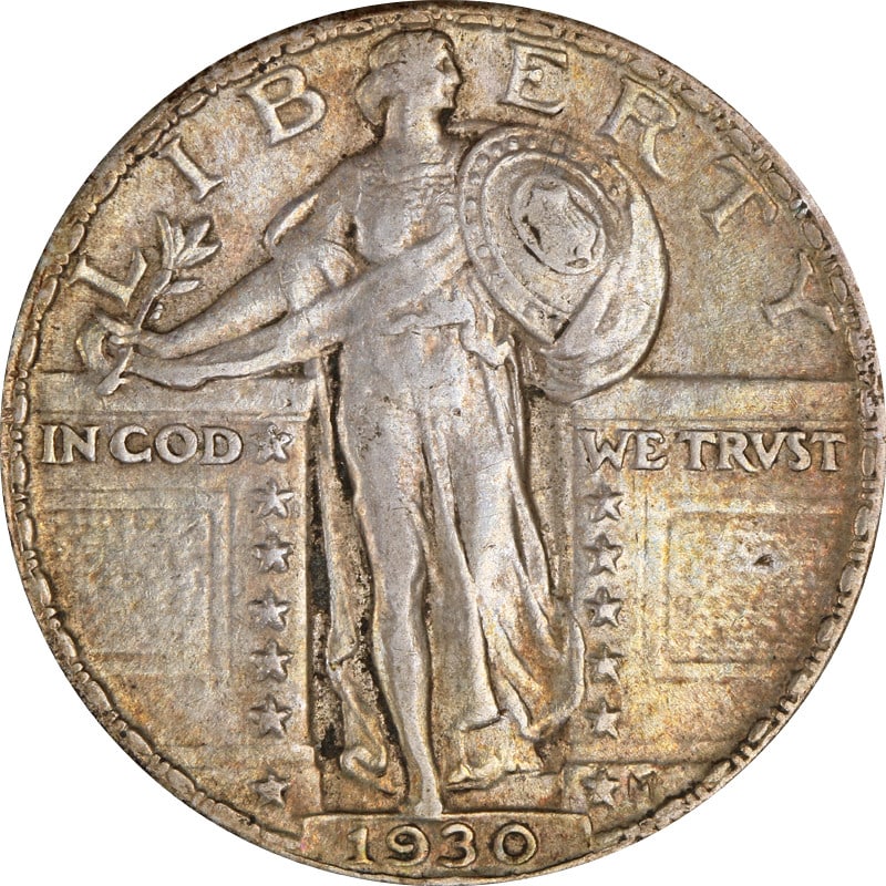 1930 Silver Standing Liberty Quarter Circulated Philadelphia Mint: 1930 Silver Standing Liberty Quarter Circulated Philadelphia Mint This is a 1930 Standing Liberty Quarter minted in Philadelphia. The coin is composed of silver and is in circulated, pre-owned conditi