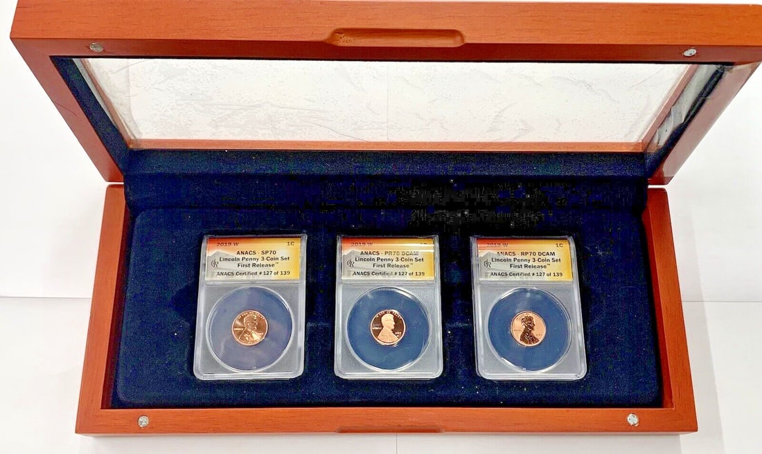 Three 2019-W Lincoln Shield Cents ANACS SP PF70 DCAM With Box and COA: Three 2019-W Lincoln Shield Cents ANACS SP PF70 DCAM With Box and COA This is a 2019-W Lincoln Shield 1C Penny three-coin set, featuring coins graded SP/PF 70 DCAM by ANACS. Each uncirculated coin was
