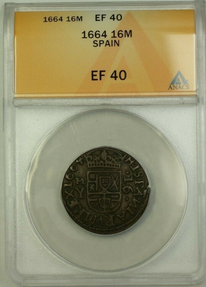 Spain 1664 16 Maravedis ANACS EF 40 Certified Coin: Spain 1664 16 Maravedis ANACS EF 40 Certified Coin This is a 1664 Spain 16 Maravedis coin certified by ANACS with a grade of EF 40. The coin originates from Spain and is a pre-owned collectible. Speci