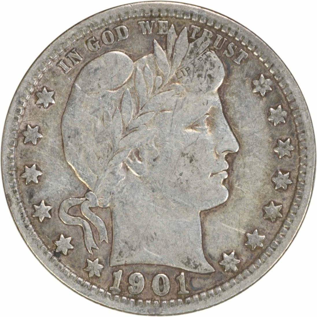 1901 Barber Silver Quarter VF Uncertified 90% Silver: 1901 Barber Silver Quarter VF Uncertified 90% Silver This 1901 Barber Silver Quarter is a valuable piece of American numismatic history. Struck in Philadelphia, this coin features the iconic Barber de