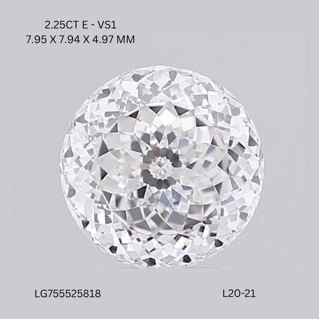 Loose Diamond - ROUND 2.25ct E VS1: Loose Diamond - ROUND 2.25ct E VS1 Source: This is a real non-mined Diamond that has been grown in a lab Shape: ROUND Carats: 2.25 Color: E Clarity: VS1 Certification: IGI Video: