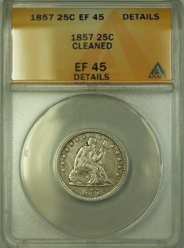 1857 Seated Liberty Quarter Silver 25C ANACS EF-45 Details Cleaned: 1857 Seated Liberty Quarter Silver 25C ANACS EF-45 Details Cleaned This 1857 Liberty Seated Quarter is a silver coin minted in Philadelphia. It has been certified by ANACS with an EF-45 (Extremely Fin