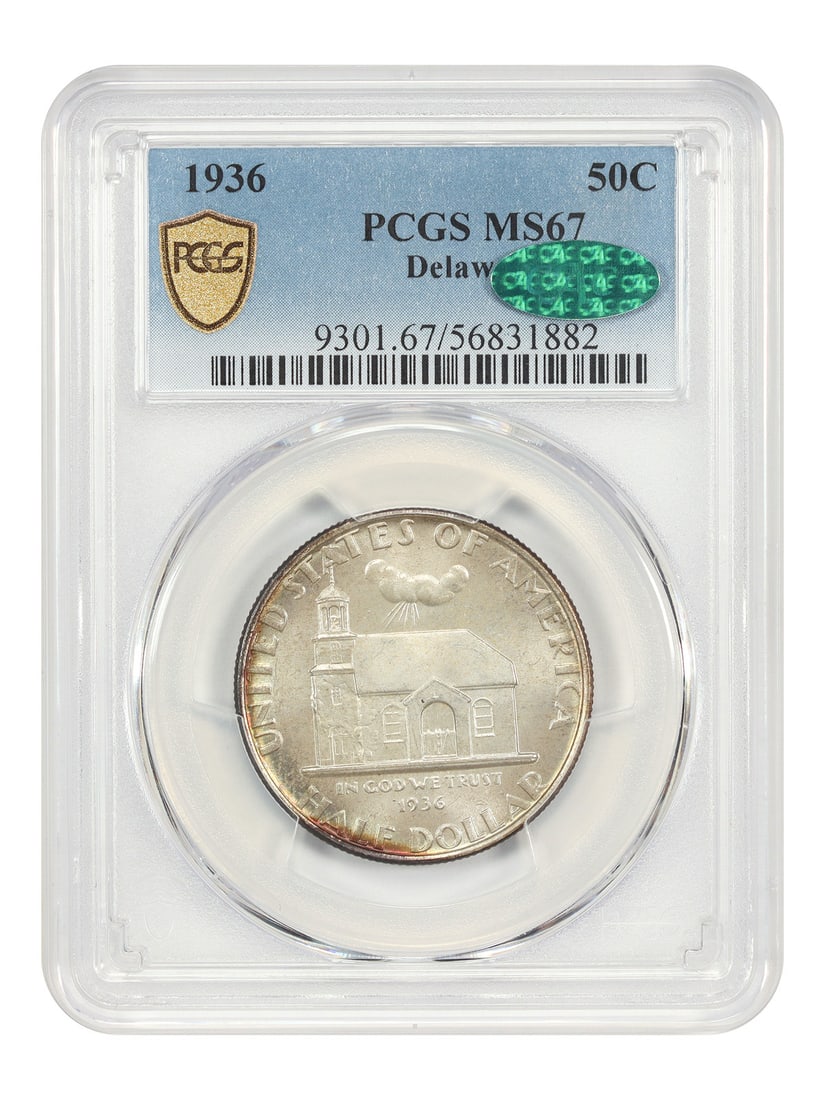 Delaware 1936 Half Dollar PCGS CAC MS67 Classic Silver Commemorative Coin: Delaware 1936 Half Dollar PCGS CAC MS67 Classic Silver Commemorative Coin This 1936 50-cent Delaware coin is a classic silver commemorative issued to mark the 300th anniversary of the landing of the S